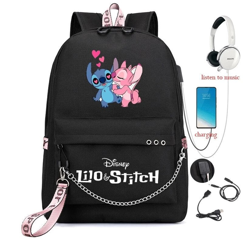 Disney Kawaii Stitch Bag Zipper USB Charging Mochila Capacity Backpack Women Kpop School Bags for Teenage Girls Students