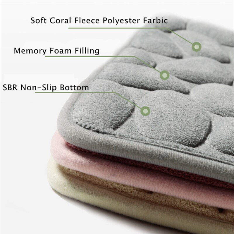 Simple Momery Foam Bathroom Mat 3D Cobblestone Pattern Absorbent Bath Rug Toilet Hallway Non-Slip Doormat Floor Carpet Washable