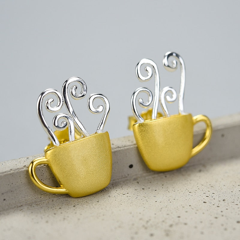 Pendientes Lotus Fun de plata de ley 925 auténtica, joyería fina hecha a mano Original, pendientes de tuerca a la moda con taza de café caliente para regalo de mujer