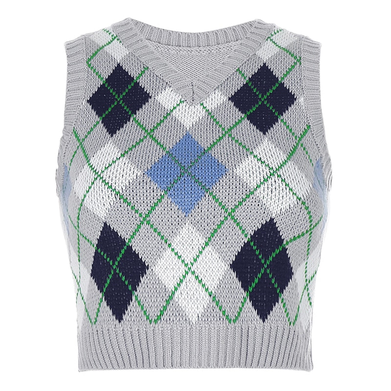 Sweetown Argyle Plaid Knitted Tank Top Female Knitwear Preppy Style Clothes V Neck Casual Crop Sweater Vest 90s Streetwear