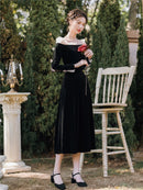 2020 nueva ropa de moda para mujer, vestidos de terciopelo de otoño e invierno, vestido Vintage con cuello oblicuo para mujer