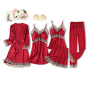 Black Sexy Women Robe Set Faux Silk Kimono Bathrobe Gown 5PCS Sleepwear Suit Hollow Out Lace Nightgown Home Wear Wedding Gift