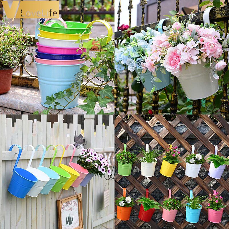 10pcs Wall Hanging Flower Pots Metal Fence Hanging Plant Pots Iron Garden Planter Tin Bucket Holder Basket Home Garden