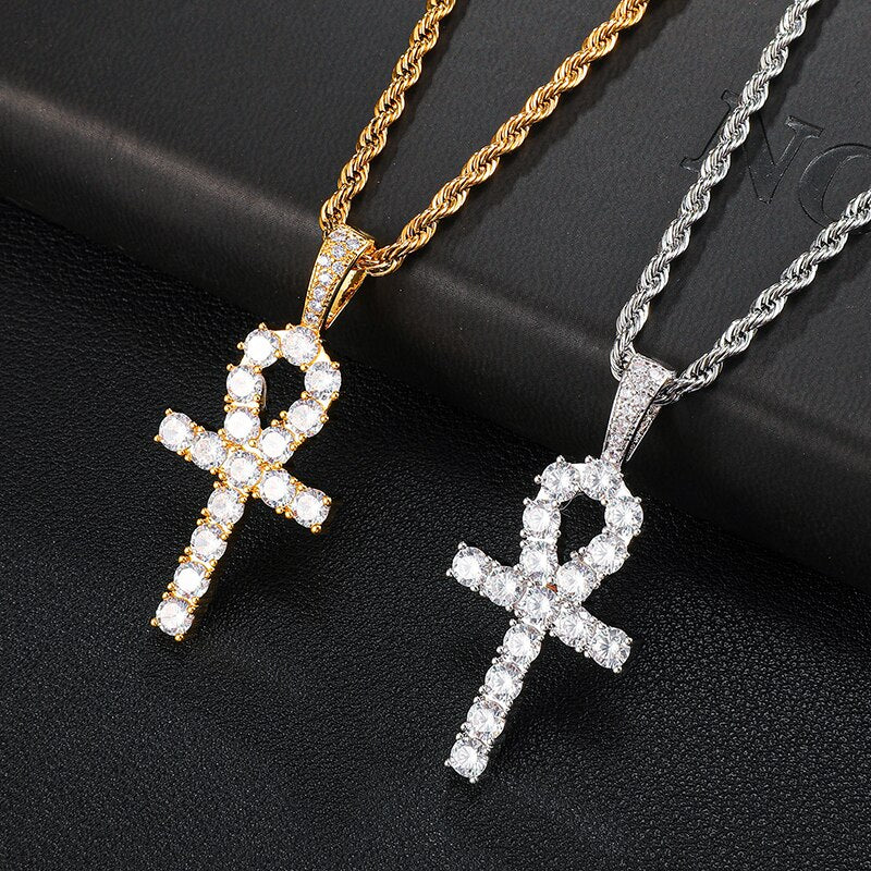 D &amp; Z oro blanco Ankh colgante Iced Out CZ piedras para hombre Micro pavimentado AAA CZ Hip Hop oro plata Color encanto cadenas joyería regalo