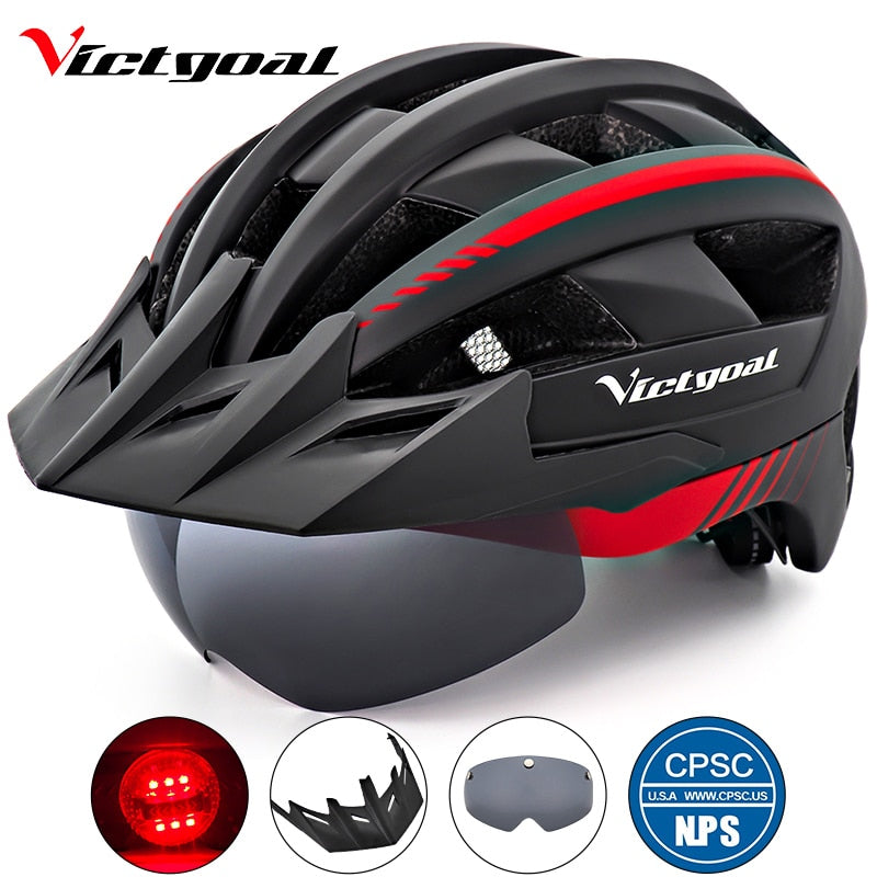 Victgoal casco de bicicleta LED montaña carretera USB recargable luz casco de ciclismo para hombre visera gafas hombres MTB bicicleta casco