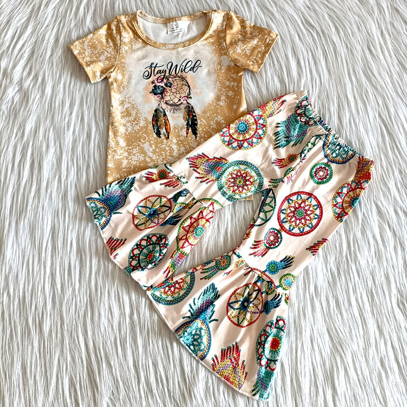 new arrival kids fashion summer outfit raglan shirt and bell pants girl 2 pieces set baby girls cute print outfit