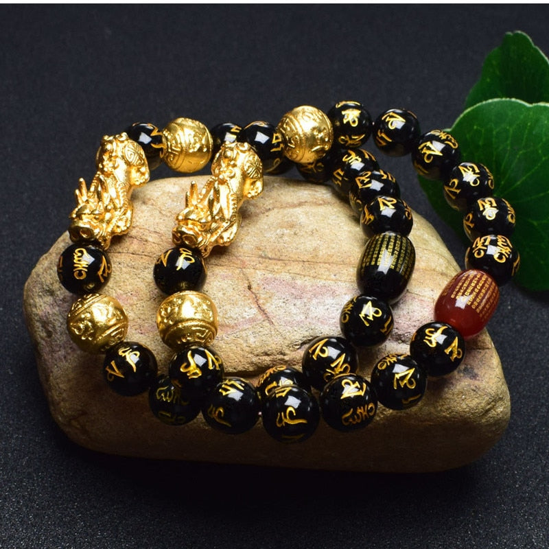 Stone Beads Bangles Bracelet 6 Words Gold Color Brave Troops Chinese Lucky Enegry God Beast Pixiu Bracelet Dropship Jewelry Gift