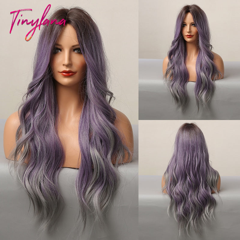 TINY LANA Synthetic Long Ombre Wavy Wigs Brown Blonde Middle Part Cosplay Wigs with Bangs For Women Long Hair Wigs Fake Hair