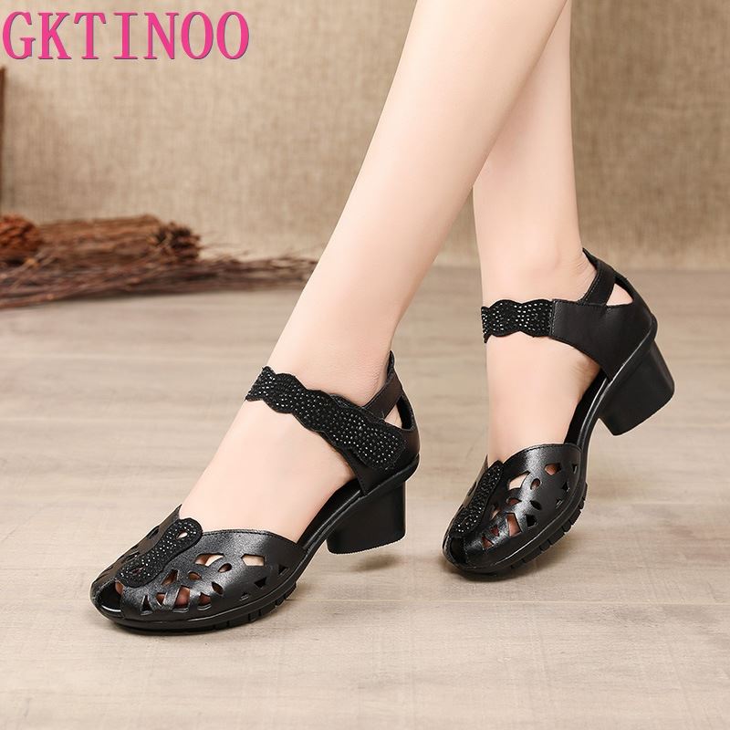 GKTINOO 2022 Summer Genuine Leather Shoes Gladiator Sandals Women 5cm High Heels Classic Black Peep Toe Hollow Ladies Sandals