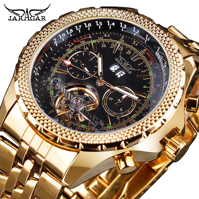 Jaragar 2017 Flying Series Golden Bezel Scale Dial Design Reloj de acero inoxidable para hombre Marca de lujo Reloj mecánico automático