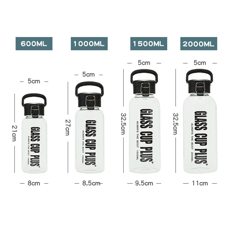 Große Kapazität tragbare Glaswasserflaschen 0,6 l 1 l 1,5 l 2 l Sport Camping Radfahren Wasserflasche Mode hitzebeständige Flasche