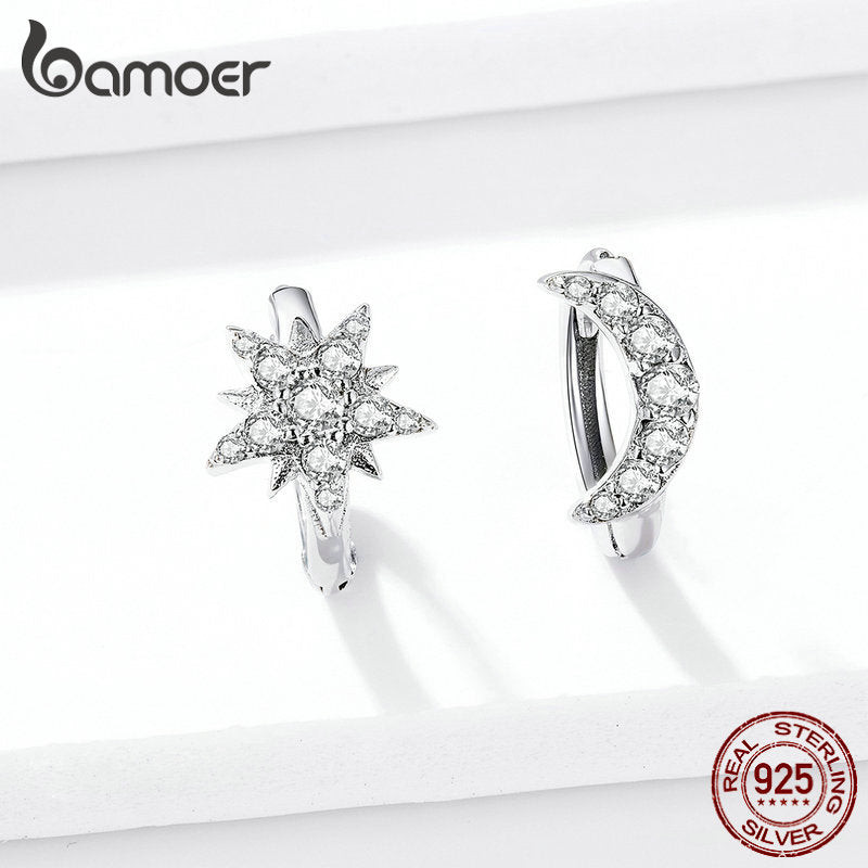 bamoer Silver 925 Jewelry Star and Moon Hoop Earrings for Women Sterling Silver 925 Anti-allergy Fine Jewelry Gifts BSE289