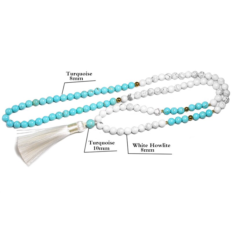 Cuentas de piedra de howlita blanca Natural de 8mm y pulsera de turquesa azul para mujeres y hombres, conjuntos de collar, joyería de cuentas de meditación 108 Mala