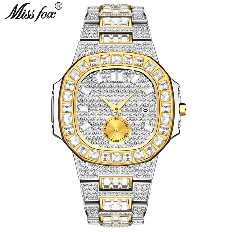 MISSFOX Luxury Men Watch Gold 18K Model Fully Paved Baguette Diamond Mens Watches Waterproof Calendar Male Clock Hours