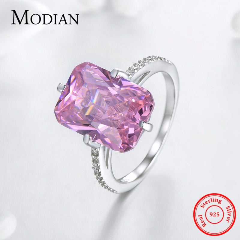 Modian Hot Sale 100% 925 Sterling Silver Luxury Rings Fashion Pink Crystal Party Rings For Women Engagement Jewelry Couples Gift