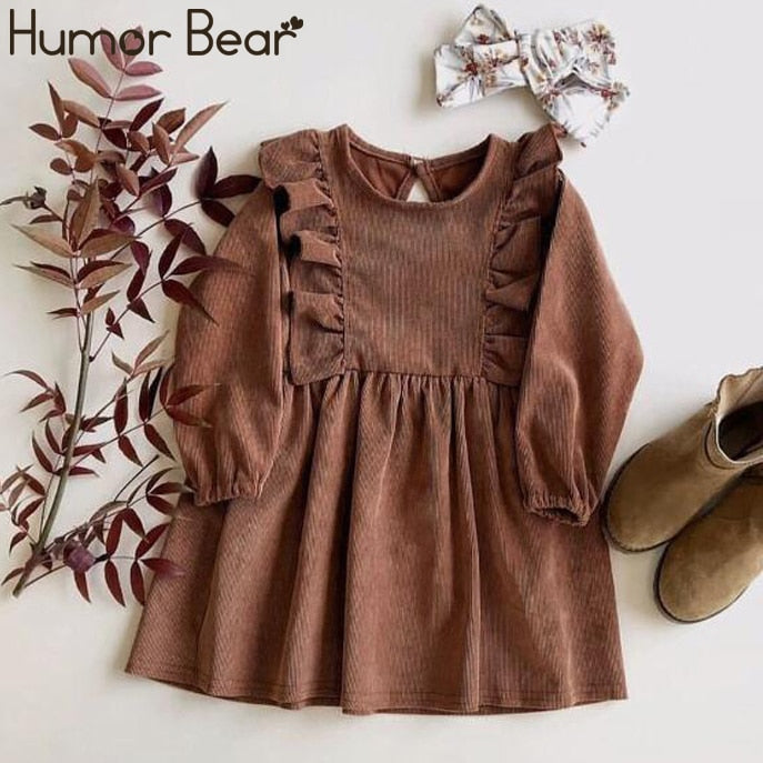 Humor Bär Herbst Winter Kleinkind Mädchen Kleid Langarm Baumwolle Rüschen Prinzessin Kleid Kinder Cord Plissee Mode Baby Kleid