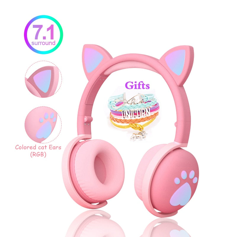 Bonitos auriculares para niños, auriculares inalámbricos, luz LED de Control, Oreja de Gato, niña, regalo para niños, auriculares para juegos con dientes azules, bajos estéreo con micrófono