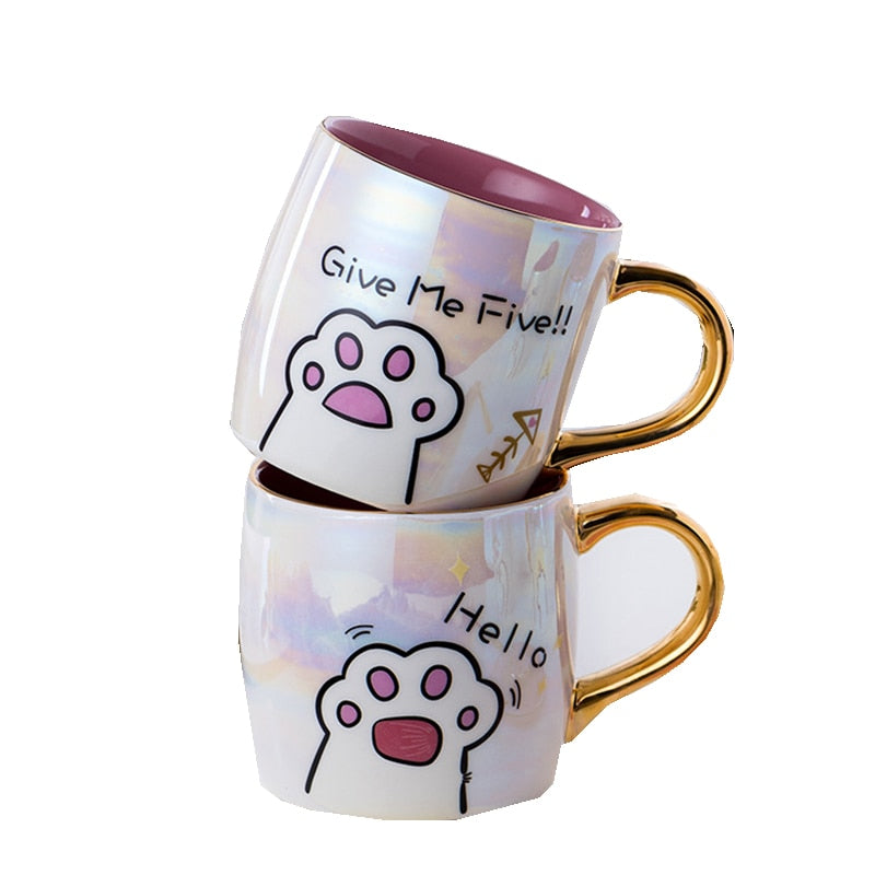 Taza de gato de cerámica de dibujos animados con tapa y cuchara, tazas de leche de café, taza de desayuno creativa bonita, regalo de cumpleaños de boda para el Día de San Valentín