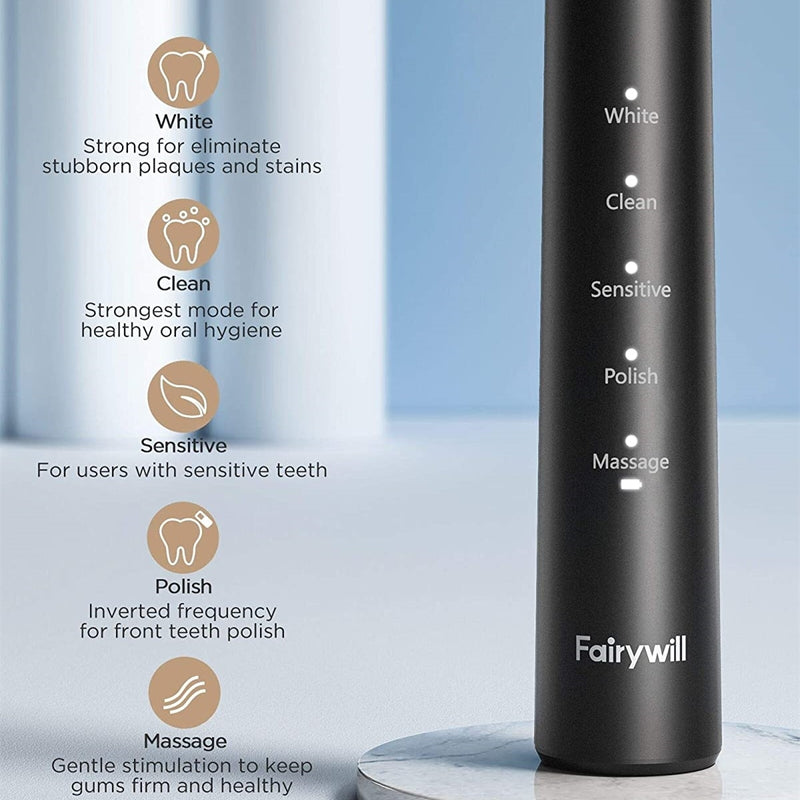 Fairywill Elektrische Schallzahnbürste E11 Wasserdichte USB-Aufladung Wiederaufladbare elektrische Zahnbürste 8 Ersatzbürstenköpfe für Erwachsene