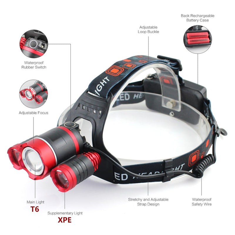 3 Led Headlamp Rechargeable XM-L T6 Headlight light Lantern Head Lamp Flashlight zoomable 18650 Battery Hunting fishing lighting