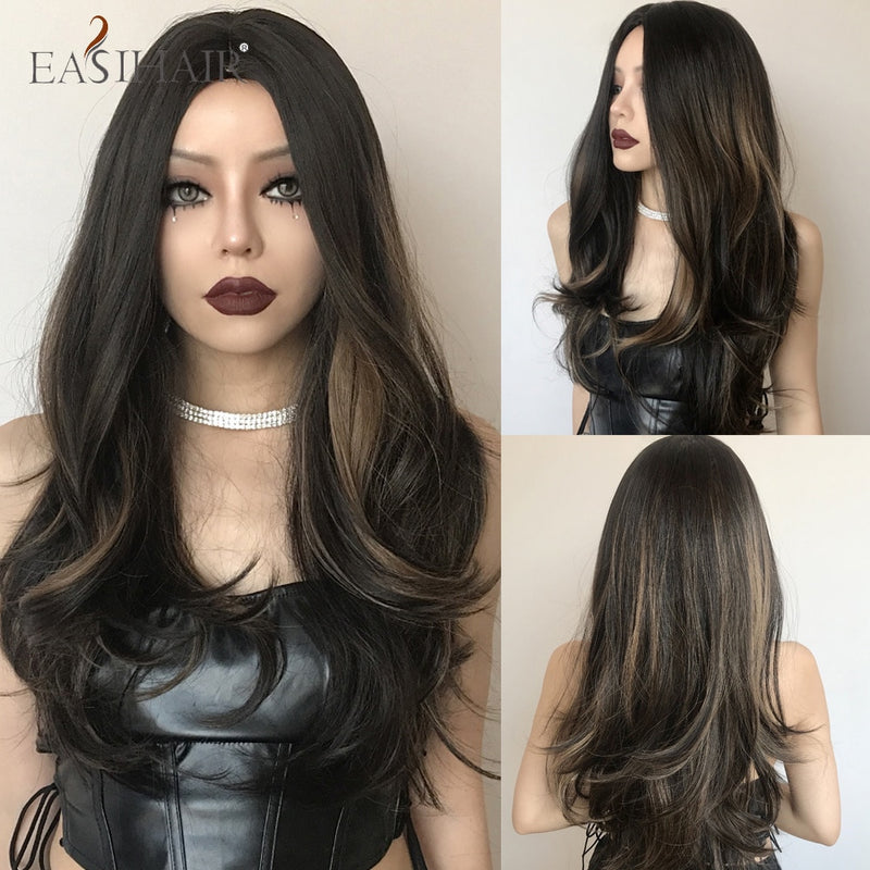 EASIHAIR Lange gewellte braune synthetische Perücken mit blonden Strähnchen Cosplay Naturhaarperücken Hochtemperaturfaser für schwarze Frauen