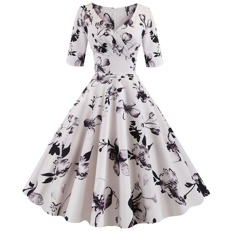 Women flower print Autumn dress Casual Winter half sleeve Elegant Vintage dress Robe femme  pinup office party vestidos