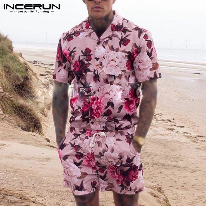 INCERUN, conjuntos para hombre, estampado de flores, vacaciones, transpirable, solapa de playa, camisa de manga corta, pantalones cortos, ropa de calle, trajes hawaianos para hombre, 2 piezas