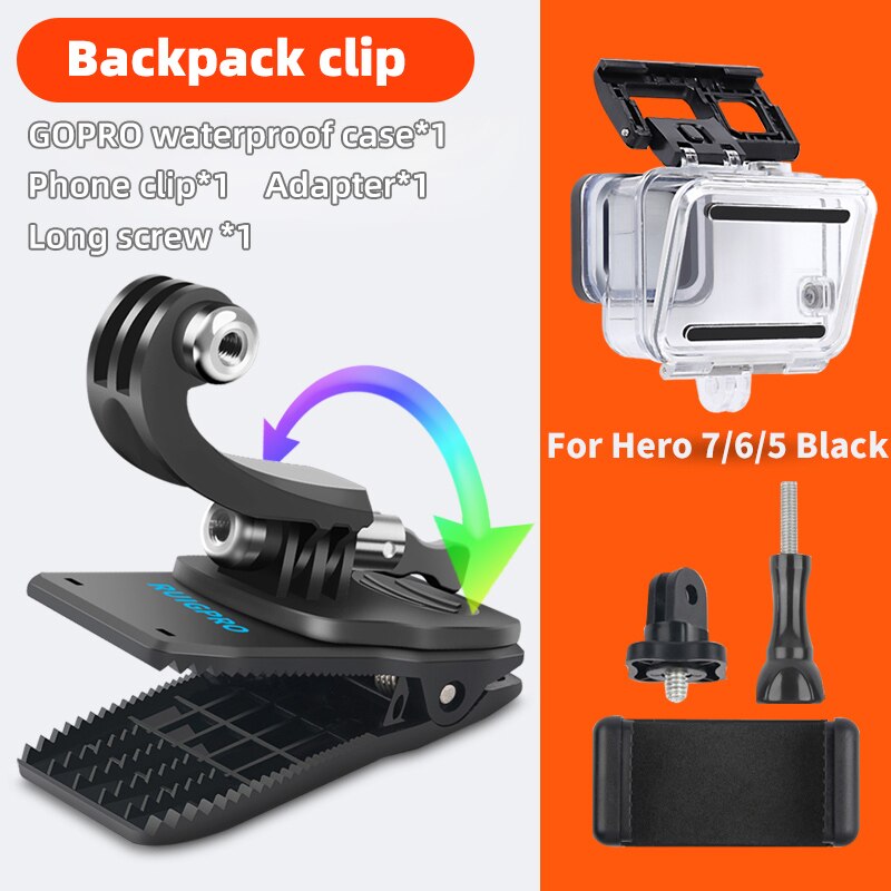 for Go Pro Accessories 360-Degree Rotation backpack bag Clip clamp For GoPro Hero11 10 9 8 7 6 5Xiaomi yi for SJCAM SJ4000 Phone