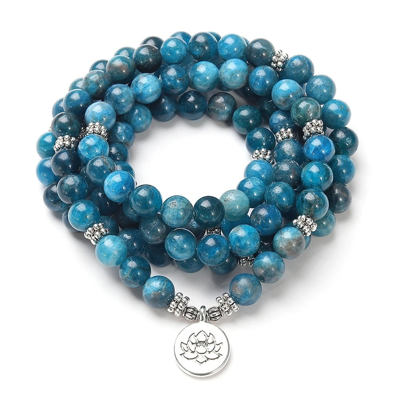 Naturstein Damen Herren 108 Mala Apatit mit Lotus OM Buddha Charm Yoga Armband oder Halskette Naturschmuck