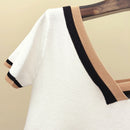 V-Ausschnitt Kurzarm Shirt Frauen Kontrastfarbe Gestreift Gestrickt 2023 Sommer Tops Shirt Koreanische Kleidung Femme Camisetas Mujer 13362