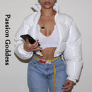 Chaqueta acolchada rosa de PU brillante para mujer, abrigos cálidos de burbujas, Parkas de cuero brillante, chaquetas recortadas con cremallera, Parkas