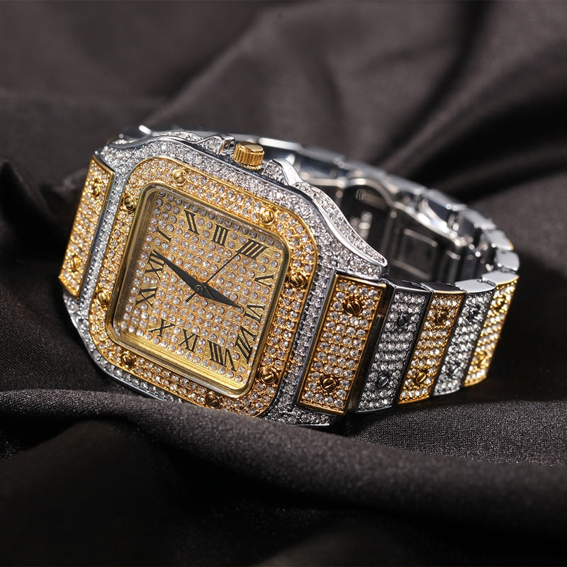 Hip Hop Full Iced Out Full Drill Men Square Watches Stainless Steel Fashion Luxury Rhinestones Quartz Square Business Watch