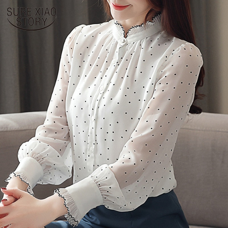 blusas mujer de moda 2022 women blouses Long sleeve black dot white Chiffon blouse women shirts  womens tops and blouses 2261 50