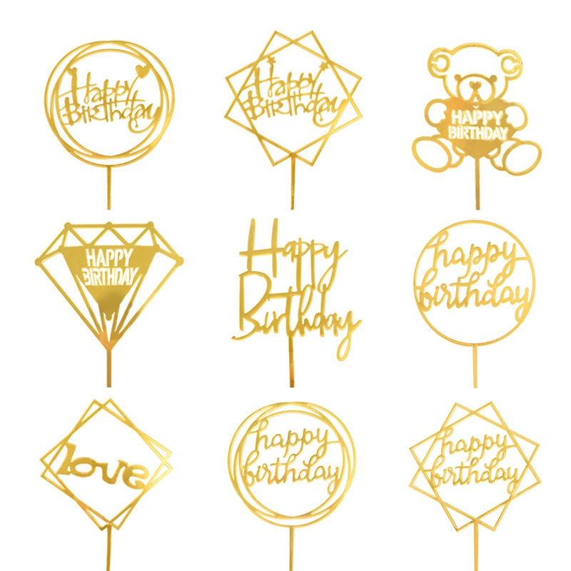 Happy Birthday Cake Topper Acrylic Gold Silver Cake Flag Cupcake Topper For Boy Girl Birthday Party Decorations Wedding Supplies