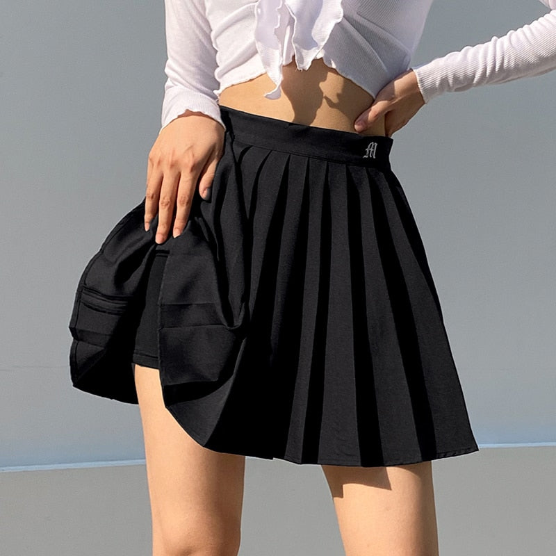 Darlingaga Casual White Letter Embroidery High Waist Woman Skirts Summer Fashion Pleated Skirt Short 2022 Girls Mini Skirt