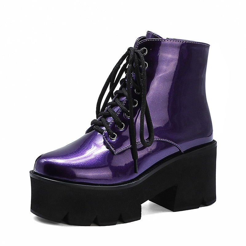 Gdgydh, botines de mujer con tacón de plataforma de estilo Punk, botas gruesas de moto para mujer, zapatos de charol morado amarillo, talla grande