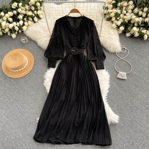 Women Lace Patchwork Pleated Chiffon Long Dress Autumn Winter Red/Black/Blue Draped Party Vestidos With Sashes Female Robe 2021