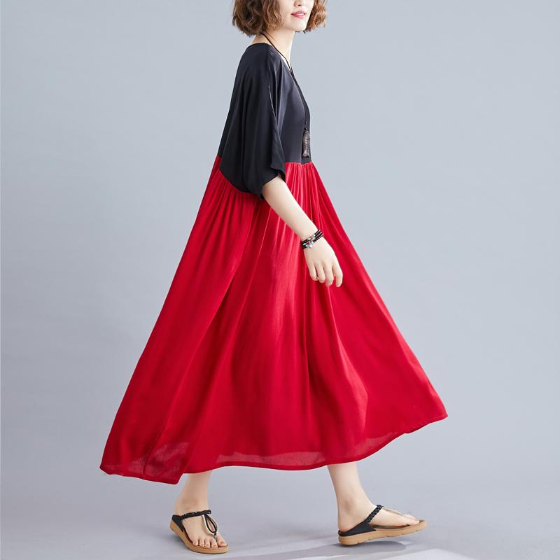 Vestidos de gran tamaño para mujer, vestido largo de algodón de gran tamaño de verano, vestido de retazos rojo y negro, bata para mujer, novedad de 2022