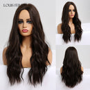 LOUIS FERRE Ombre Black Brown Cosplay Synthetic Wigs Long Middle Part Wavy Natural Hair Wig For Black Woman Afro Heat Resistant