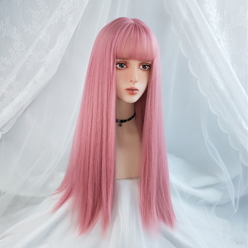 VICWIG Cosplay Wig With Bangs Synthetic Straight Hair 24 Inch Long Heat-Resistant Pink Wig For Women