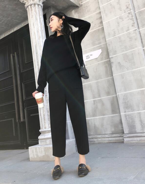 Knitted 2 pieces Set Tracksuits Women 2021 Autumn Winter Thick Warm O-neck Loose Sweater+Ankle-Length Pants Warm Cashmere Suit