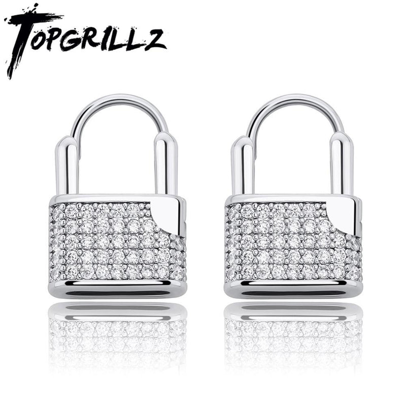 TOPGRILLZ Hip Hop Lock Earrings Iced Cubic Zirconia Earrings Luxury Gold Micro Pave Cubic Zirconia Earrings Gift For Men Women