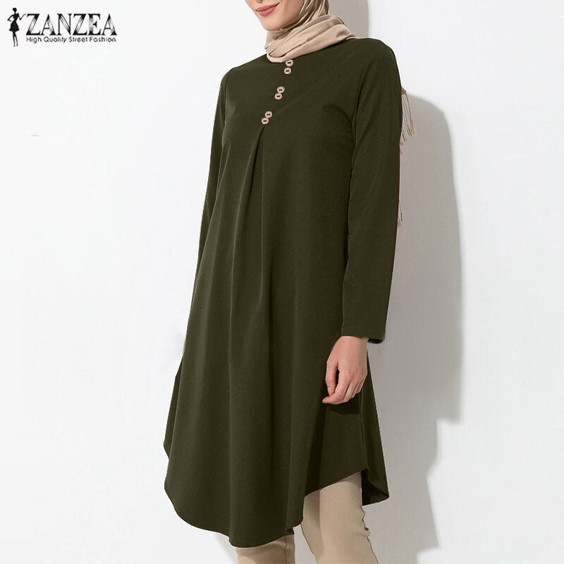 Damen Asymmetrische Bluse ZANZEA 2022 Vintage Muslimisches Langes Hemd Lässige Langarm Blusas Weibliche Knopf Tops Tunika