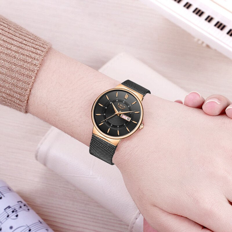 2022 neue schwarze Quarzuhr LIGE Damenuhren Top-Marken-Luxusuhr für Damen Einfache Ganzstahl-wasserdichte Armbanduhr Reloj