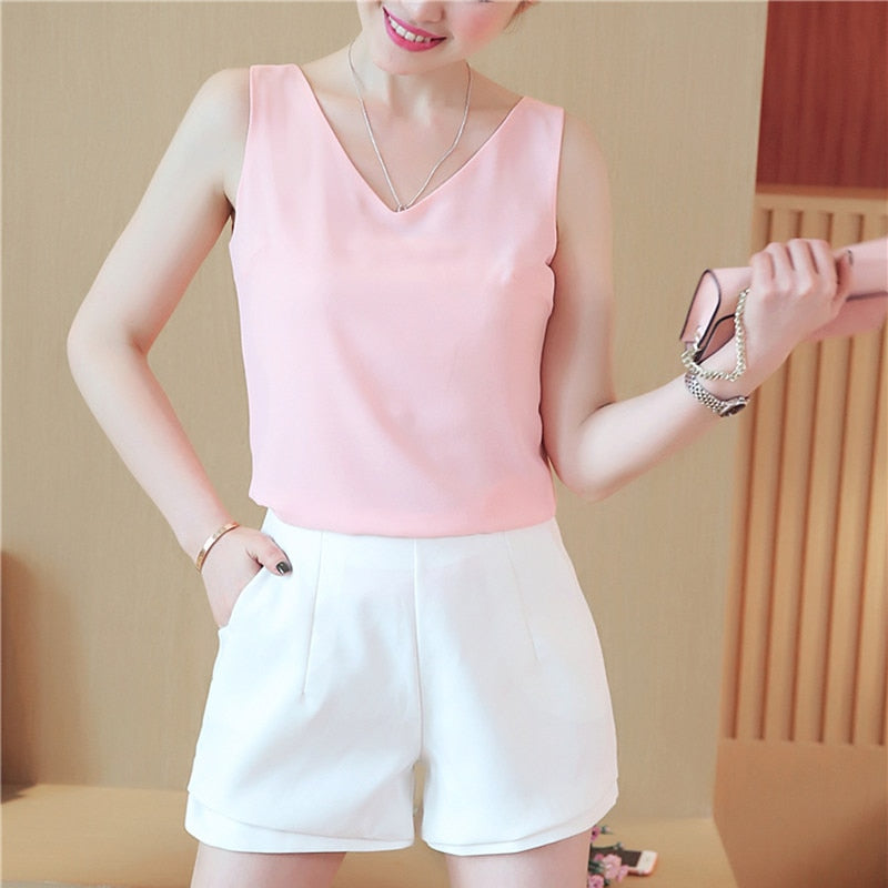 Korean Women Tops Chiffon Blouses Women Sleeveless Top Woman V Neck Tank Tops Casual Woman White Tops Ladies Basic OL Shirts XXL