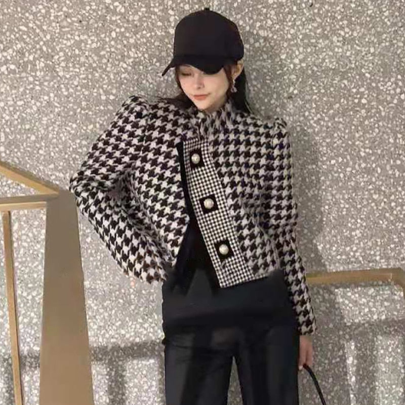 Marca de lujo Tweed Thousand Bird Lattice Coat señoras elegante 2021 Otoño Invierno nueva moda ocio Chaqueta corta de lana Mujer