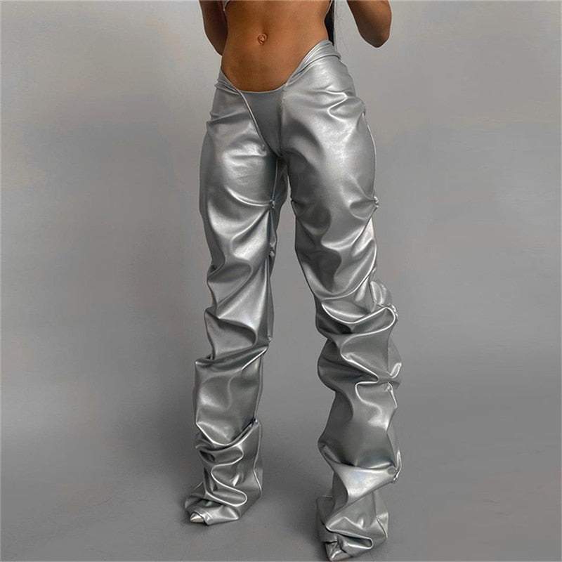 Solid Faux PU Leather Shiny Women Pants Hipster  High Street Irregular Shape Folds Clothing Elastic Waist Female Streetwear