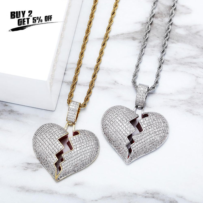 JINAO Fashion Broken Heart Iced Out Chain Pendant Necklace Statement Gold Color Cubic Zircon Necklace Hip Hop Men&