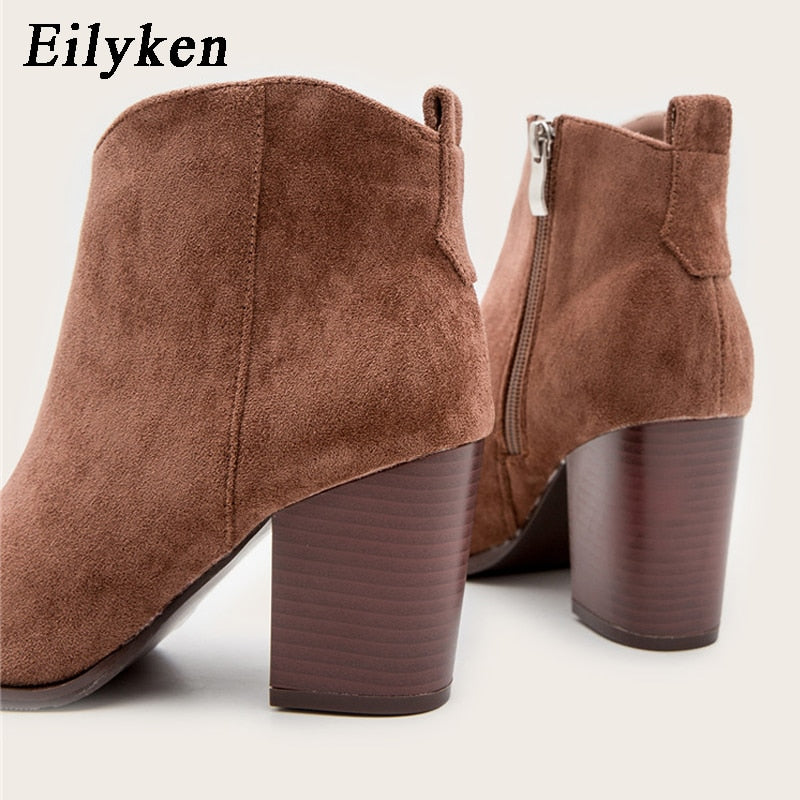 Eilyken 2023 Autumn Faux Suede Ankle Boots Women High Heel Side zipper High top Stacked Block Heel Short Western Cowboy Booties