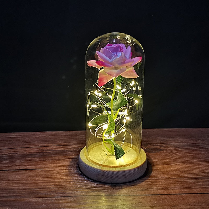 LED Enchanted Galaxy Rose Eternal 24K Gold Foil Flower con cadena de luces en cúpula para decoración del hogar Navidad regalo del Día de San Valentín